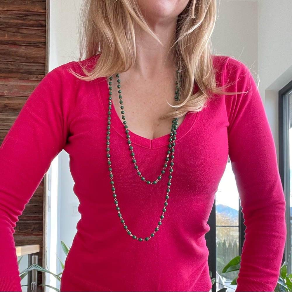 Vintage Necklace Green Beads Long 2 Strand 60s 70s